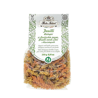 Organic Red Lentils, Green Peas, Chickpeas and Brown Rice Fusilli